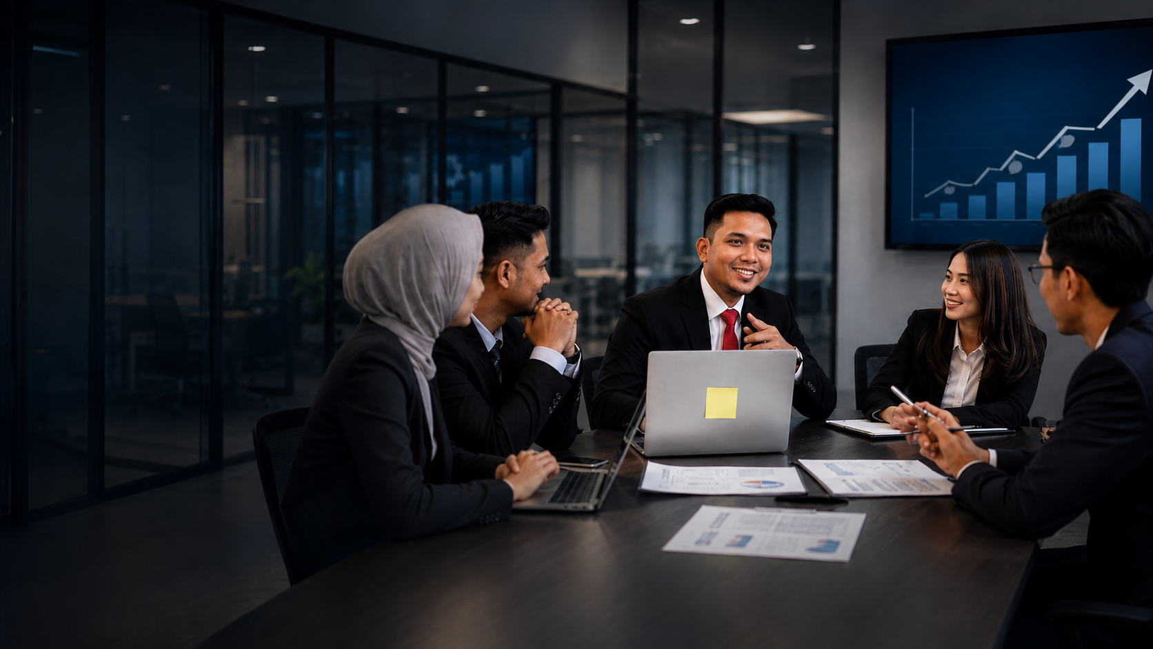 Malaysian executive management team discussing transformation strategy in a boardroom