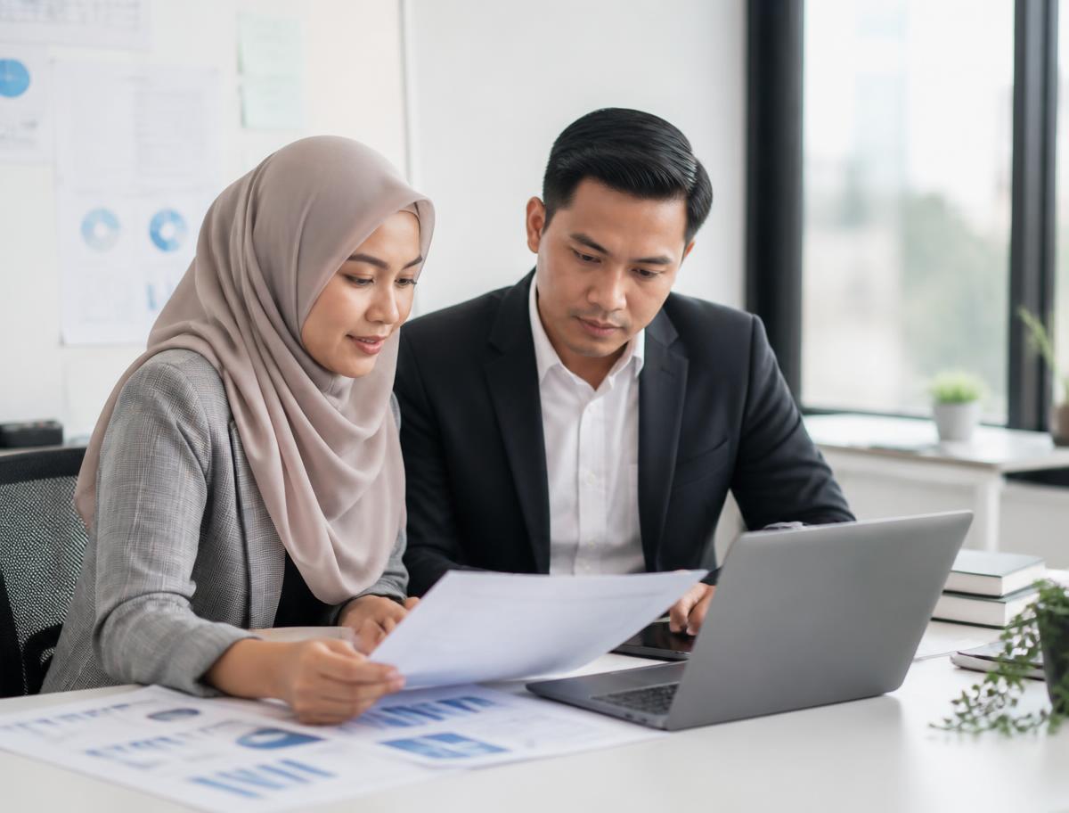 Two professionals reviewing operational reports in a Malaysian office