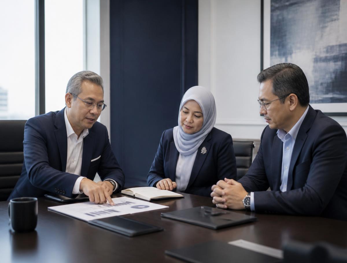 Malaysian management team reviewing operational performance during a transformation discussion